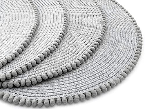 GBS Round Braided Placemats Set Of 4 For Dining Table - Circle Waterproof Washable Table Mats - Non Slip Heat Resistant Vinyl Wipeable Place Mats - 4 Pcs 15 Inches Tableware Essentials - (Grey)