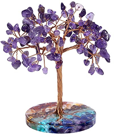 Nupuyai Kristall Edelstein Baum mit 7 Chakra Steine Harzbasis, Kupferdraht Geldbaum Feng Shui Bonsai Baum des Lebens Deko für Zuhause, Büro und Glück (Amethyst)