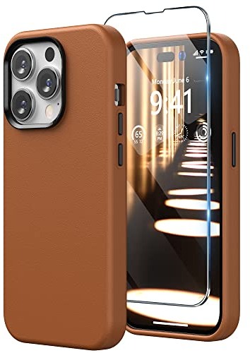 SURPHY Faux Leather Case Compatible with iPhone 14 Pro Case 6.1 inch, Premium PU Leather Case Cover (with Metallic Buttons & Microfiber Lining) for iPhone 14 Pro, Brown