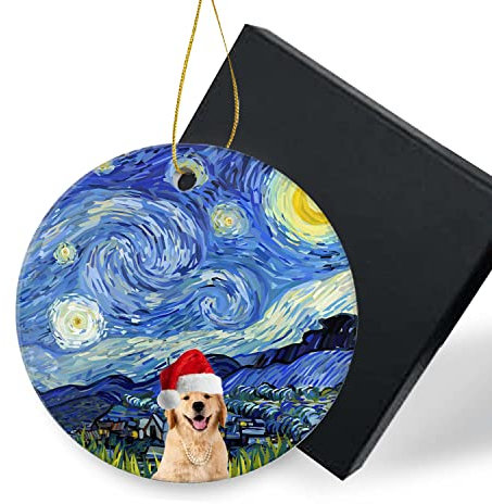 Tiere Weihnachtsschmuck 2022 Niedlich Golden Retriever Hund Keramik Ornamente Weihnachtsbaum Hängend Rund 7,6 cm Xmas Ornament mit Geschenkbox