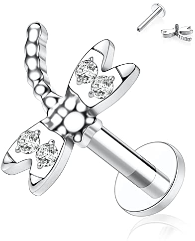 16G Titan Labret Ohrstecker Flatback Ohrringe Lippenstecker Tragus Piercing Schmuck Ohrringe mit Innengewinde 6mm Monroe Medusa Helix Ohrstecker Silber Lappenknorpel Conch Ohrringe mit Libelle CZ