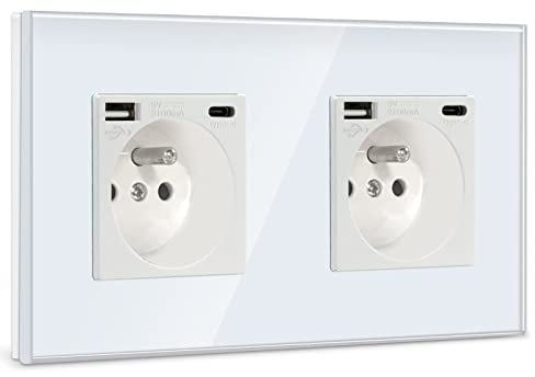 BSEED Double Prise Murale avec USB et 1 Type C,16A Prise de Courant Alternatif avec Panneau en Verre,Multiprise Murale Max 2.1A,Convient au Smartphone, à la Tablette (2 Prise avec USB et Type C,Blanc)