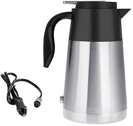Riloer - Hervidor eléctrico de viaje de 12 V/24 V, hervidor eléctrico portátil de 1300 ml, termo de viaje para automóvil, camión, SUV, acero inoxidable, resistente al calor y al óxido, negro con plata