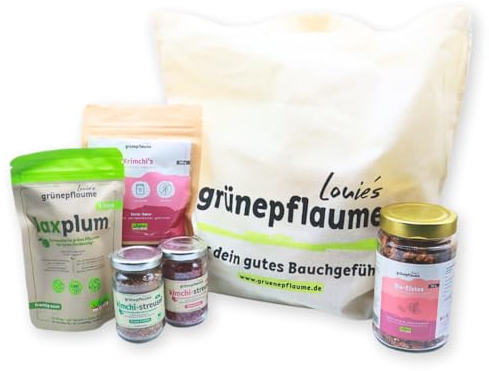 Geschenkset für dein gutes Bauchgefühl*. 9er Laxplum, 2x Kimchi-Streusel in Alleskönner & Grüne Vielfalt, 1x Eistee Cold-Brew in Erdbeer-Himbeer, 1x Krimchi’s – Bio-Kimchi Cracker in Natur