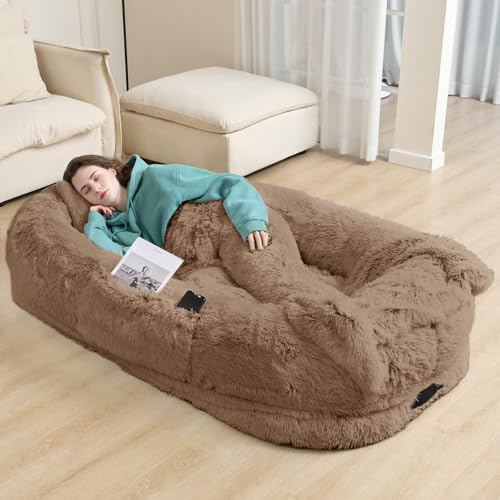 YAEM Hundebett, 180,3 x 114,3 x 35,6 cm, für Menschen, Größe passend für Sie und Haustiere, waschbares Kunstfell-Bett, Menschen dösen ab, orthopädisches Geschenk, pralles Kissen, Decke, Gurt, Khaki