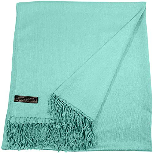 CJ Apparel Cyan Solid Colour Tassels Design Nepalese Shawl Seconds Scarf Wrap Stole Throw Head Wrap Tassels Hand Made in Nepal Pashmina