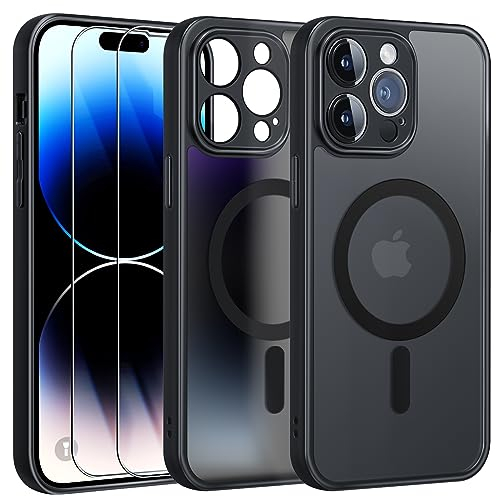 FLLAO Magnétique Coque pour iPhone 14 Pro Max avec 2 Verre Trempé, Compatible avec MagSafe, Protection d'objectif Tout Compris, Etui Translucide Mat Arrière Housse Fine Antichoc Case (Noir)