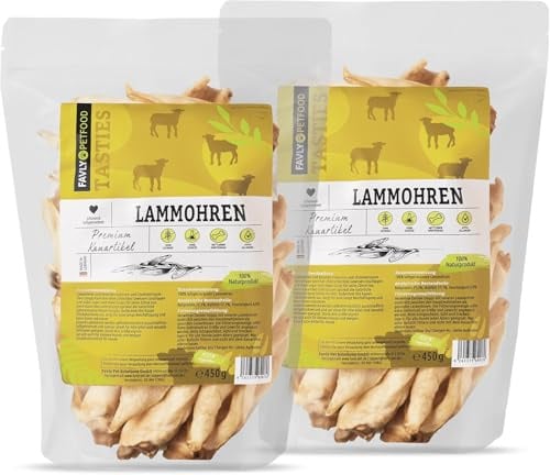 FAVLY Lammohren 2x450g für Hunde, luftgetrockneter Kauartikel | Naturkausnack ohne Zusätze, Zucker & Getreide, unterstützt die Zahnreinigung, auch für Welpen, aus Deutschland