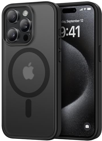 TENDLIN Magnetic Case Compatible with iPhone 15 Pro Case [Compatible with MagSafe] Translucent Matte Hard Back with Soft Silicone Bumper Comfortable Case (Black)