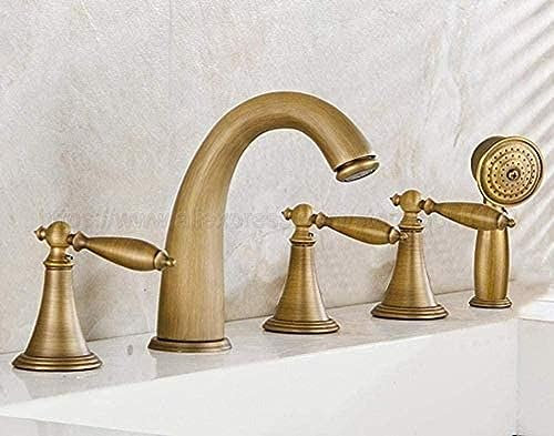 Rubinetto Rubinetto per lavabo per vasca in ottone antico con doccia montata su pannello Rubinetto per vasca a 5 fori a 3 maniglie