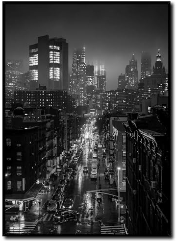 Bild New York China Town mit Rahmen 50 x 70 cm (AUFHÄNGFERTIG) - Chinatown ist das traditionelle chinesische Viertel - Gerahmtes Wandbild - Bilder Set - schwarzweiß schwarzweiss schwarz weiss weiß