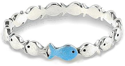 Gegen den Strom. Zarter schmaler Sterling Silber Ring mit blauem Fisch (55)