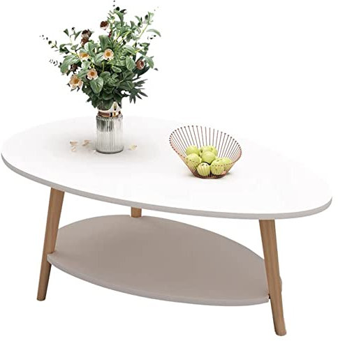 HUOLE Doppelschicht Couchtisch, Weiß Beistelltische Holz,Wohnzimmertisch Oval,Tischbeine aus Kiefernholz,Sofatische-90 * 60 * 40cm – weiß