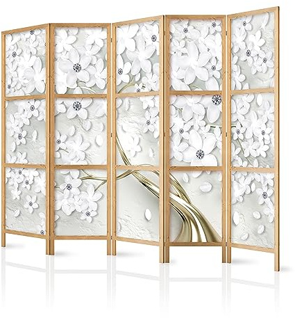 murando - Paravent Japonais Décoratif Intérieur, Fleurs, 225x172 cm | 5 Panneaux, Toile Imprimée, Séparation de Pièce, Impression sur une Seule Face, Pliable, Cadre en Bois, Moderne pour Salon