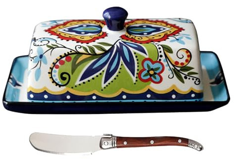 SaiDuoDuo Butterdose, handgezogener Butterbehälter mit Buttermesser aus Edelstahl, Butterhalter aus Porzellan für Butter an der Westostküste,Green boca