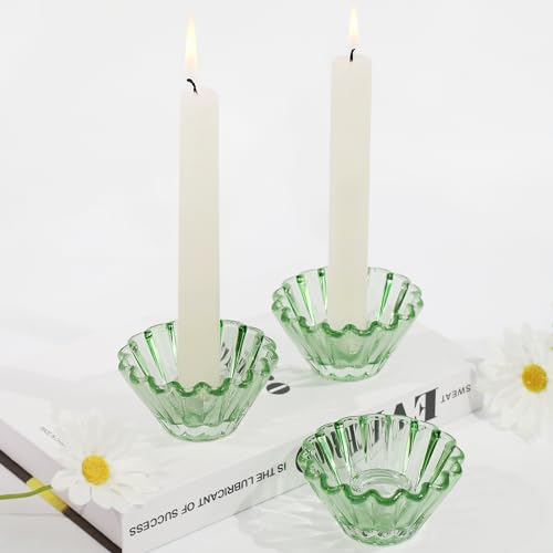 HofferRuffer Kerzenhalter Glas Kerzenständer Stabkerzen, 3er Grün Stabkerzenhalter für Hochzeit Party Tischdeko DEK