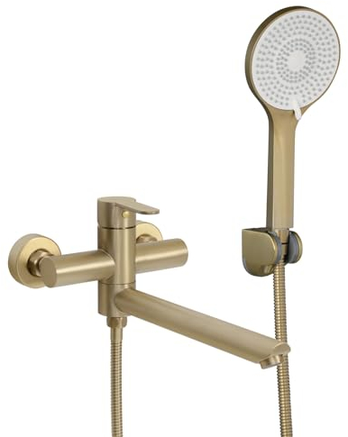 PHASAT Badewannenarmatur mit Handbrause Edelstahl Einhandmischer Wandmontierte Badewanne für Dusche mit 90 ° drehbarer Auslauf, Bürste Gold PTBG13E