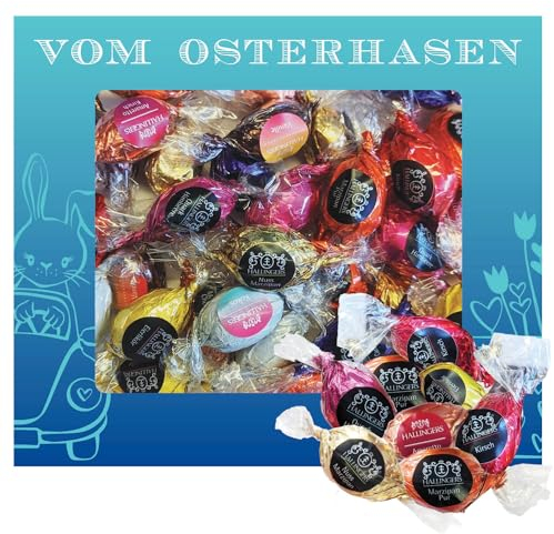 Hallingers Vom Osterhasen XXL - Ostergeschenke für Osterkörbchen zu Ostern, Pralinen Ostereier handmade teils mit Alkohol (Box) - Geschenk im Sommer & als perfektes Grillgeschenk | Glückwunsch Glückwü