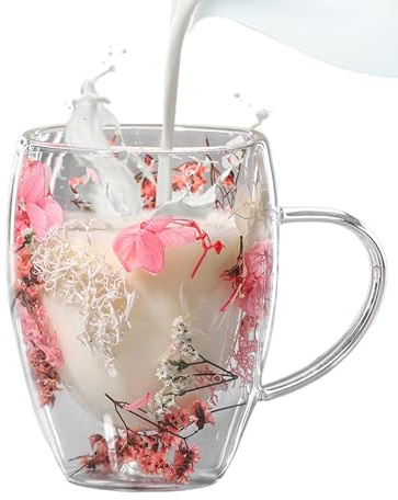 dzqad Getrocknete Blumen Kaffeetasse aus Glas, Glasbecher mit Trockenblume, Glaskaffeetassen mit Getrockneten Blumen, Blume Glasbecher für Cappuccino, Tee