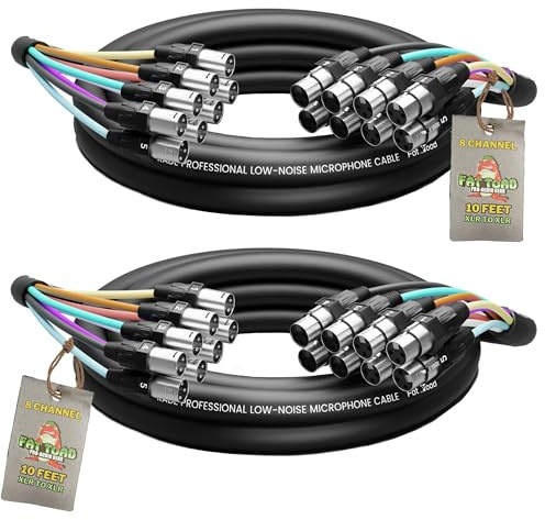 Fat Toad 10ft 8 Channel XLR Snake Cables (ShieldedPRO X Series) 2 Pack – Balanced 3-Pin Mic Patch Wires – Multicore for Studio, Stage, Mixer & DMX Use