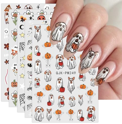 JMEOWIO 9 Sheets Halloween Nail Art Stickers Decals Self-Adhesive Cute Ghost Dog Pumpkin Nail Supplies Nail Art Design Decoration Accessories
