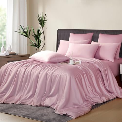 Boqingzhu Bambus Bettwäsche 135x200cm Rosa Pink Uni Einfarbig Einzelbett Luxus Lyocell Seide Bettwäsche Set Bettbezug mit Reißverschluss und Kissenbezug 80x80cm