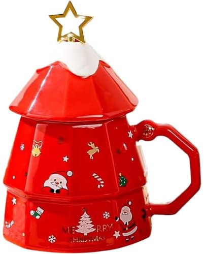 MAGICVOGEL Tazza di Natale in ceramica, carina 3D, forma di albero di Natale, tazza di Natale, con agitatore, dolce tazza da caffè, regalo per Natale, compleanno, Capodanno (rosso)