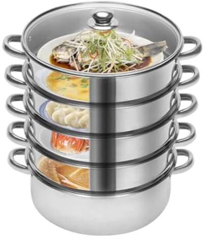 UGCER Set di pentole e padelle in acciaio inox, pentola multiuso a 5 ripiani per la cottura a vapore, pentola con coperchio in vetro temperato per cucinare verdure, pesce e frutti di mare,28cm
