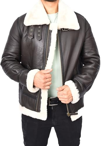 Divergent Retail Herren Echt Schaffell Klassische Lederjacke B3 Shearling Jacke Torben, weiß, L