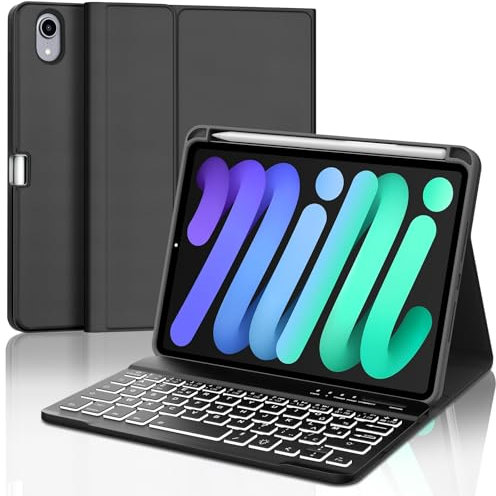 IVEOPPE Coque Clavier iPad Mini 7 (A17 Pro)/6 8.3, Eclairage 7 Couleurs, Rechargeable Etui Clavier Français AZERTY Détachable pour iPad Mini 7 8.3 2024/Mini 6 8.3 2021, Noir