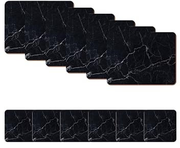 Naivasha Homeware Placemats and Coasters Set of 6 - Heat Resistant, Waterproof, Non-Slip Cork Table Mats in Matte Finish, Elegant Placemats & Coasters for Cups, Mugs, Plates & Pans - Black Marble