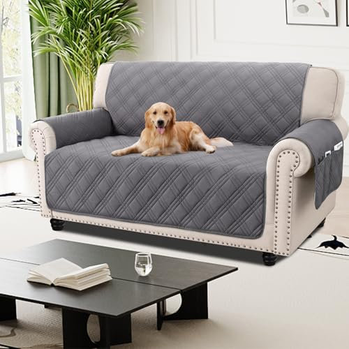 H.Versailtex 100% Waterproof 2 Seater Sofa Slipcovers with Side Pocket - Washable Sofa Seat Covers for Living Room Pet Couch Cover (Grey)