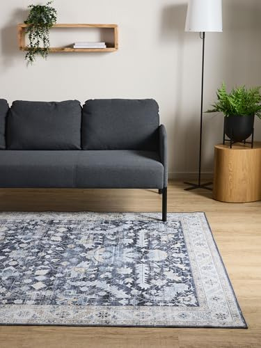 Interiyou Vintage Teppich Wohnzimmer Gent - 60x120 cm Blau - Für Schlafzimmer, Esszimmer, Kinderzimmer - Kurzflor waschbar und rutschfest, Print Muster