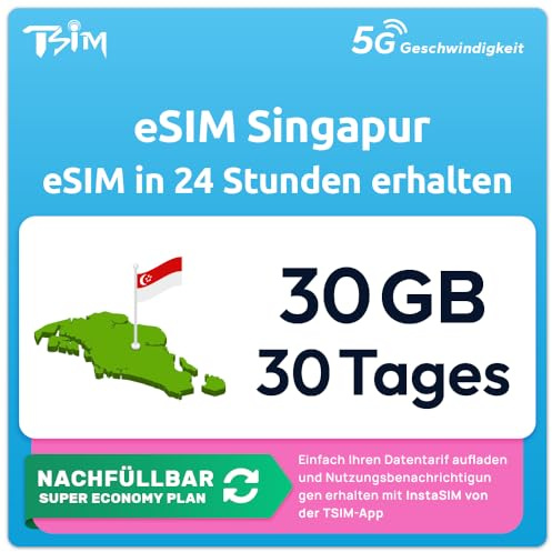 Singapur eSIM | 30GB | 30 Tage | Nachfüllbarer Tarif | 5G Geschwindigkeit |Hotspot| Nur-Daten. QR-Code Wird innerhalb von 24 Stunden gesendet, scannen zur Aktivierung, Keine Telefonnummer enthalten.
