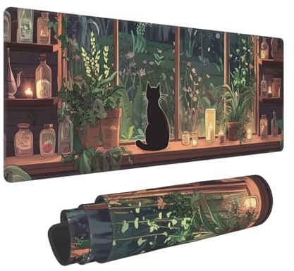 Woltant Window Cartoon Cat Large Mouse Mat for Desk 80 X 30cm Gaming Mouse Pad Waterproof Keyboard and Mouse Mat Smooth Surface Desk Mat with Non-Slip Rubber Base for Office Home