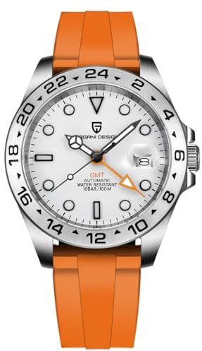 Pagani Design herrenuhr automatik GMT Business Sports Mechanisch Herrenuhren Wasserdicht 100M Analogue Edelstahl Armbanduhr für Männer (Orange und Weiß)