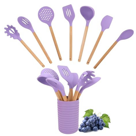 Kochutensilien Set, 7-teiliger Holzgriff Silikon Geschirr Set, Hitzebeständige Kochutensilien mit Aufbewahrungseimern, Einschließlich Spatel, Löffel usw, Geeignet zum Kochen in der Küche (Lila)