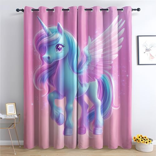 Luxfieo Einhorn Vorhänge Mädchen Cartoon Regenbogen Einhorn Vorhang Blickdicht Gardinen Verdunklungsvorhänge mit Ösen Thermovorhang für Wohnzimmer Schlafzimmer Fenster 2er Set H 166 x B 75 cm T#195