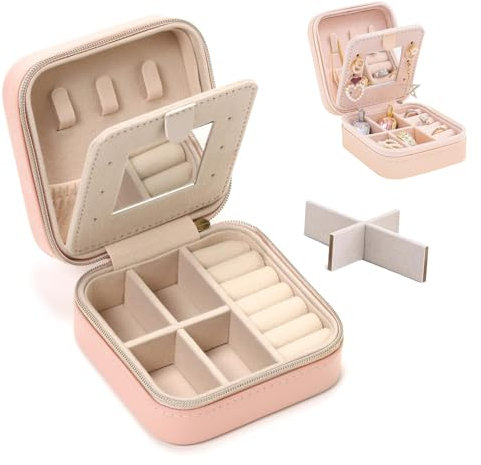 Portable Travel Jewellery Box with Mirror, Metal Zipper Closure, Removable Divider, Small Jewellery Box, Waterproof PU Leather Jewellery Case with Velvet Interior, For Rings Earrings Necklace (pink)