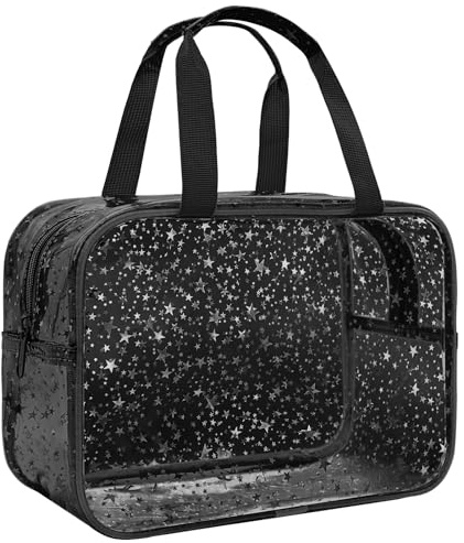 Personalized Initial Clear Makeup Bag Pink Cosmetic Bag Set Large Travel Toiletry Bag, Cute Clear Make Up Bags Organizer Bag for Girlfriend Teacher Gifts Teen Girl Gifts Trendy Stuff, Black, Star