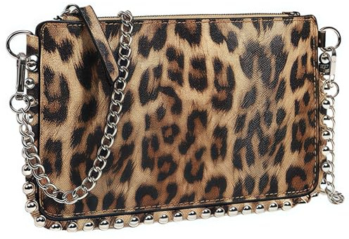 Pandalein Damen Clutch mit Leopard Muster Leder Abendtasche Envelope Tasche Handtasche Brauttasche Umhängetasche Nieten Tasche mit Kette für Hochzeit Wedding Prom Party Rock-Look