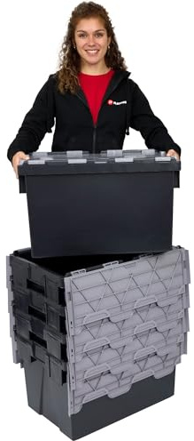 Plastor Pack of 5 - Plastic 65 Litre Heavy Duty Storage Boxes (60 x 40 x 36.5cm) Black Crates with Grey Attached Hinged Lids