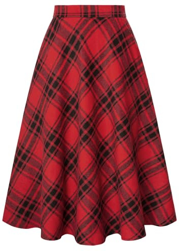 Belle Poque Damen Karierten Röcke Vintage Hoch Taillierte A‑Linie Midi‑Rock | Rock mit Taschen, Vielseitige Faltenröcke für Damen, elastischer Taillenbereich im Rücken, Herbst‑Winter Rock