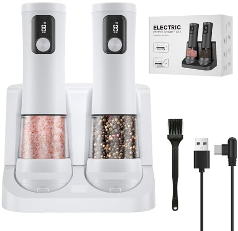 Electric Salt and Pepper Grinder Set, 2 Pack Rechargeable Automatic Pepper Mill, with Charging Base,5-Level, Display, LED Lighting,Large Capacity, Kitchen Gifts (2, White, USB Charging Base)
