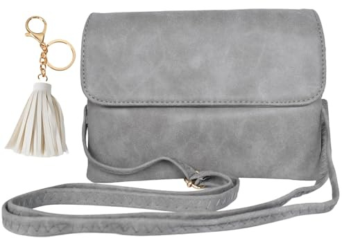 Eclove Kleine Umhängetasche Damen, PU-Leder Handytasche mit 5 cm Quasten-Schlüsselanhänger, Kleine Crossbody Bag Schultertasche mit Verstellbarem Gurt für Frauen und Mädchen