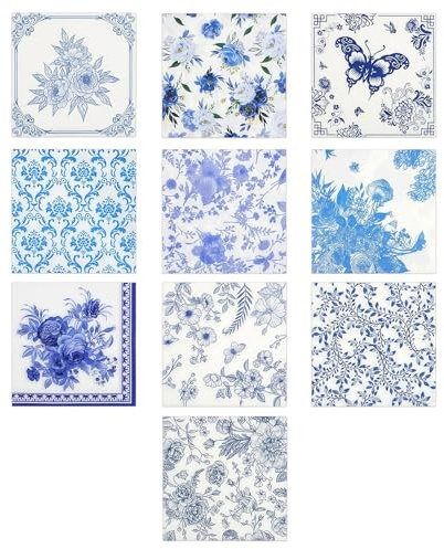 40er-Packung, Deko-Servietten Aus Papier, Sortiert In Blau Und Weiß Mit Floralem Dekor, Cocktailservietten FüR Geburtstag, Teeparty, Hochzeit, Abendessen, KüChe Und Badezimmer