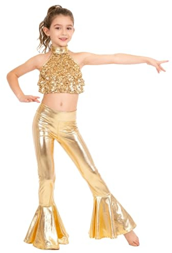 Kaerm Ragazze Completi Sportivi da Danza Moderna Jazz Hip Hop Tuta da Ballo Latino Americano Tango con Paillettes Lucide Crop Top da Ginnastica + Pantaloni Leggings