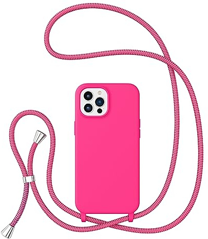 ZTOFERA Crossbody Lanyard Case for iPhone 12 Pro Max (6.7), Liquid Silicone Protective Phone Case with Strap Adjustable Neck Cord Necklace Soft Cover, Hot Pink