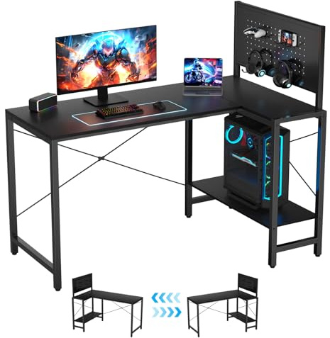 TESSTINA L-Förmiger Eckschreibtisch, 125x70cm Schreibtisch Mit Schubladen & Pegboard, Höhenverstellbare Seitentafel, Ergonomische 75cm Höhe Tisch, Für Home Office Streaming, Schwarz