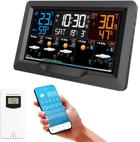 OBEST Stazione Meteo con 3 Sensore Esterno,Stazione Meteorologica Wifi con App,Stazione Meteo con Sveglia,Schermo Regolabile con 4 Livelli di Luminosità, Sensore di Temperatura e Umidità